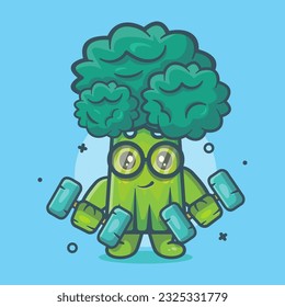 lustige Broccoli Gemüsespezialmaskotte, die mit Hantel-Karikatur einzeln auf Flach-Design baut