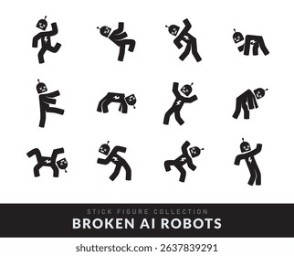 Funny Broken Robots in Strange Poses. Various pose of Stick Figure. Vector Illustration