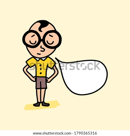 Funny broody boy with big goggles thinking with a speech bubble. Hand drawn cartoon character.