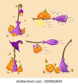 funny brooms with laughing pumpkins,yellow leaves on halloween holiday.