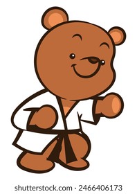 Funny Brown Bear cartoon characters wearing karate uniform with black belt and showing it's punch movement. Best for sticker, logo, and mascot with martial arts themes for kids