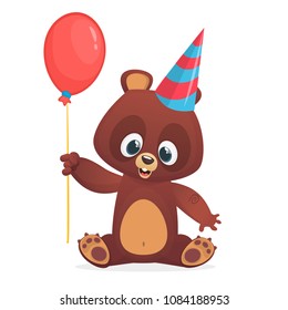 Funny brown bear cartoon holding a red balloon. Vector illustration for party or children book decoration