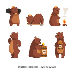 Funny Brown Bear Character in Baseball Cap with Bow Tie on Skateboard and with Honey Barrel Vector Set