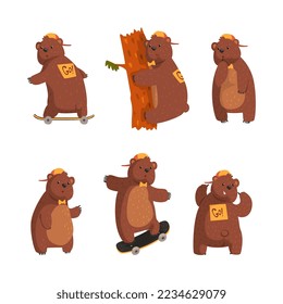 Funny Brown Bear Character in Baseball Cap with Bow Tie on Skateboard and Tree Climbing Vector Set