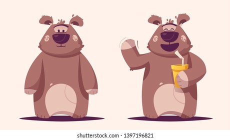 Funny brown bear character. Cartoon vector illustration. Mascot or toy. Happy grizzly. 