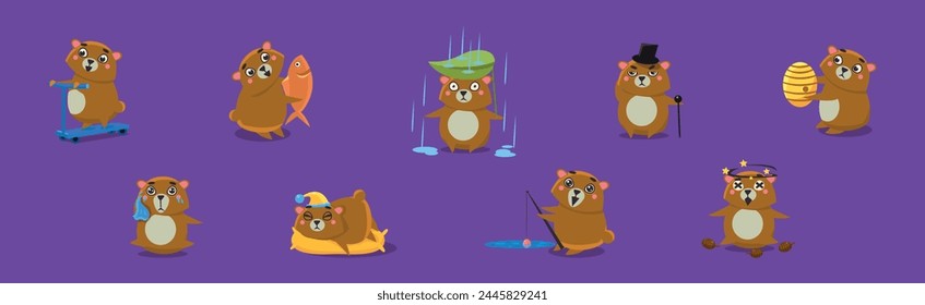 Personaje divertido del oso pardo comprometido en la actividad diferente Vector conjunto