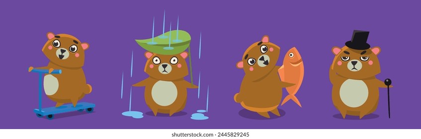 Funny Brown Bear Character Engaged in Different Activity Vector Set