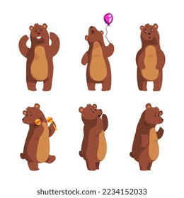 Funny Brown Bear Character Playing Maraca and Holding Toy Balloon Vector Set