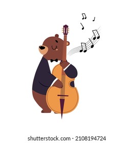 Funny Brown Bear Character in Tuxedo Playing Cello Performing Concert Vector Illustration