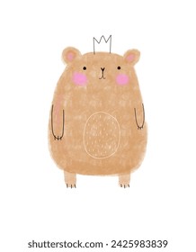 Funny Brown Bear in a Crown. Childish Drawing-like Nursery Art with Cute Teddy Bear Perfect for Card, Wall Art, Kids' Room Decoration. Lovely Infantile Style Woodland Print. RGB. No text.