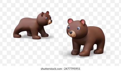 Funny brown bear in different positions. Color vector predator in cartoon style