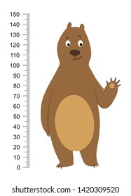 Funny brown bear isolated on white background. Children height meter wall sticker, kids measure. Vector print.