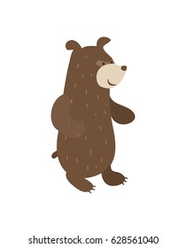 Funny brown bear personage vector illustration isolated on white background. Cute wild animal, zoo wildlife character in cartoon style.