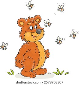 Funny brown bear surrounded by buzzing wild bees, vector cartoon illustration on a white background