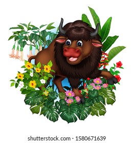 Funny Brown Buffalo With Tropical Cartoon Set for your design