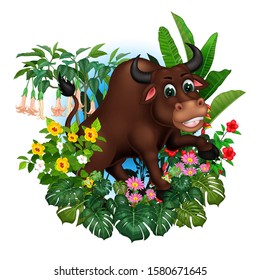 Funny Brown Bull With Tropical Plants Cartoon Set for your design