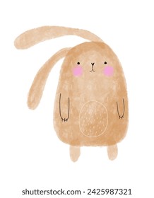 Funny Brown Bunny with Long Ears. Childish Drawing-like Nursery Art with Cute Rabbit Perfect for Card, Wall Art, Kids' Room Decoration. Easter Bunny. Lovely Infantile Style Woodland Print. RGB. 