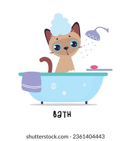 Funny Brown Cat Bathing in Bathtub as English Verb for Educational Activity Vector Illustration