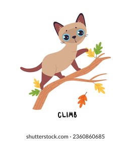 Funny Brown Cat Climb Tree as English Verb for Educational Activity Vector Illustration