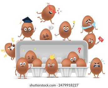 Personajes divertidos de huevos de gallina marrón en caja de cartón de Ilustración vectorial realista. Emoticono de comida de proteína tierna cómica con expresión de cara diferente amor inteligente idea cansada enferma rey grito hola hola