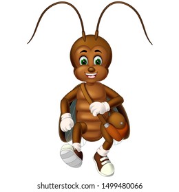Funny Brown Cockroach With Bag Cartoon For Your Design