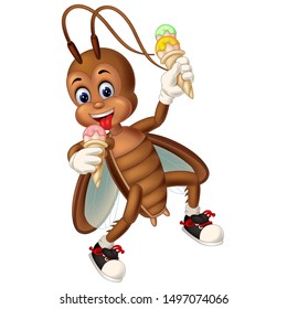 Funny Brown Cockroach Eating Ice Cream Cartoon For Your Design