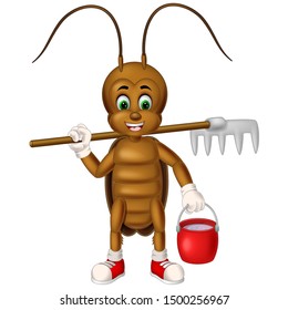 Funny Brown Cockroach With Fork And Basket Cartoon For Your Design