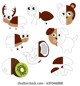 Funny Brown Color Objects, the big collection coloring book to educate preschool kids with easy gaming level, the kid educational game to color the colorless half by sample.