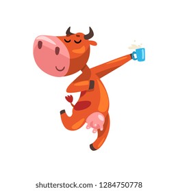 Funny brown cow with cup of milk having fun, farm animal cartoon character, design element can be used for advertising, milk package, baby food vector Illustration