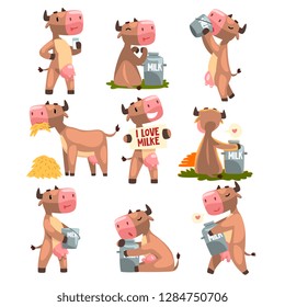 Funny brown cow in different situations set, farm animal cartoon character vector Illustration