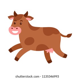 Funny brown cow jumping or running, cute cartoon vector illustration.