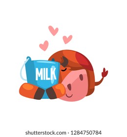 Funny brown cow sleeping and hugging a bucket of milk, farm animal cartoon character, design element can be used for advertising, milk package, baby food vector Illustration