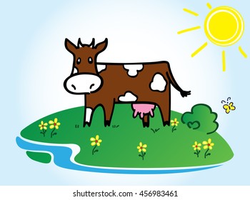Funny brown cow. Vector illustration.