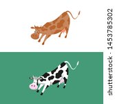 A funny brown cow in a white background and black and white cow on a dark green background. Cartoon vector illustration in flat style.