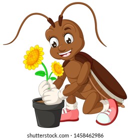 Funny Brown Cricket With Plant Cartoon For Your Design