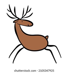 Funny brown deer. Creative moose on a white background. Rock art in the style of naive art. Vector illustration. An element for greeting cards, posters, stickers and other designs.