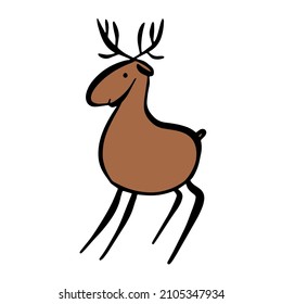 Funny brown deer. Creative moose on a white background. Rock art in the style of naive art. Vector illustration. An element for greeting cards, posters, stickers and other designs.