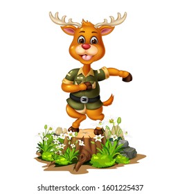 Funny Brown Deer With Rocks And White Ivy Flower Cartoon