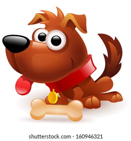 funny brown dog with bone on white background