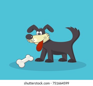 Funny brown dog with his tongue hanging out looking at yummy bone - vector image - a symbol of the Chinese year 2018