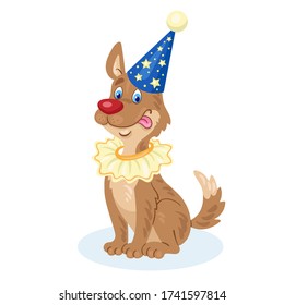 A funny brown dog is sitting in a clown costume. In cartoon style. Isolated on white background. Vector flat illustration.