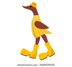 Funny brown duck dressed in yellow rubber boots and hat. Vector illustration.	
