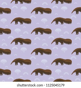 Funny brown giant anteater, ant bear,  ant-eater, ant-bear. large insectivorous mammal native to Central and South America. Seamless pattern with cute animal on a lilac background. Vector