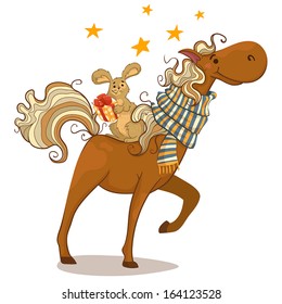 Funny brown horse in striped scarf and a rabbit with a gift.