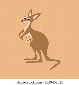 Funny Brown Kangaroo With Cute Baby And Red Heart. Australian Marsupials Hand Drawn Vector Illustration. Animals Wildlife Mom And Baby. Adorable Character In Flat Style.