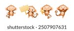 Funny Brown Monkey with Prehensile Tail Enjoying Different Activity Vector Set