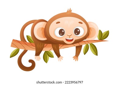 Funny Brown Monkey with Prehensile Tail Lying on Tree Branch Vector Illustration