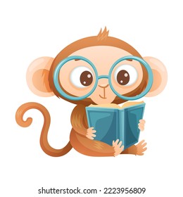 Funny Brown Monkey with Prehensile Tail in Glasses Sitting and Reading Book Vector Illustration