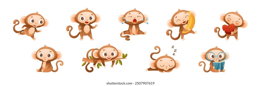 Funny Brown Monkey with Prehensile Tail Enjoying Different Activity Vector Set