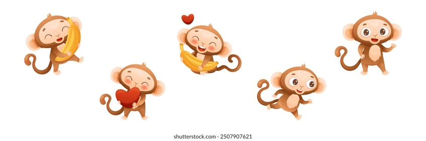 Funny Brown Monkey with Prehensile Tail Enjoying Different Activity Vector Set